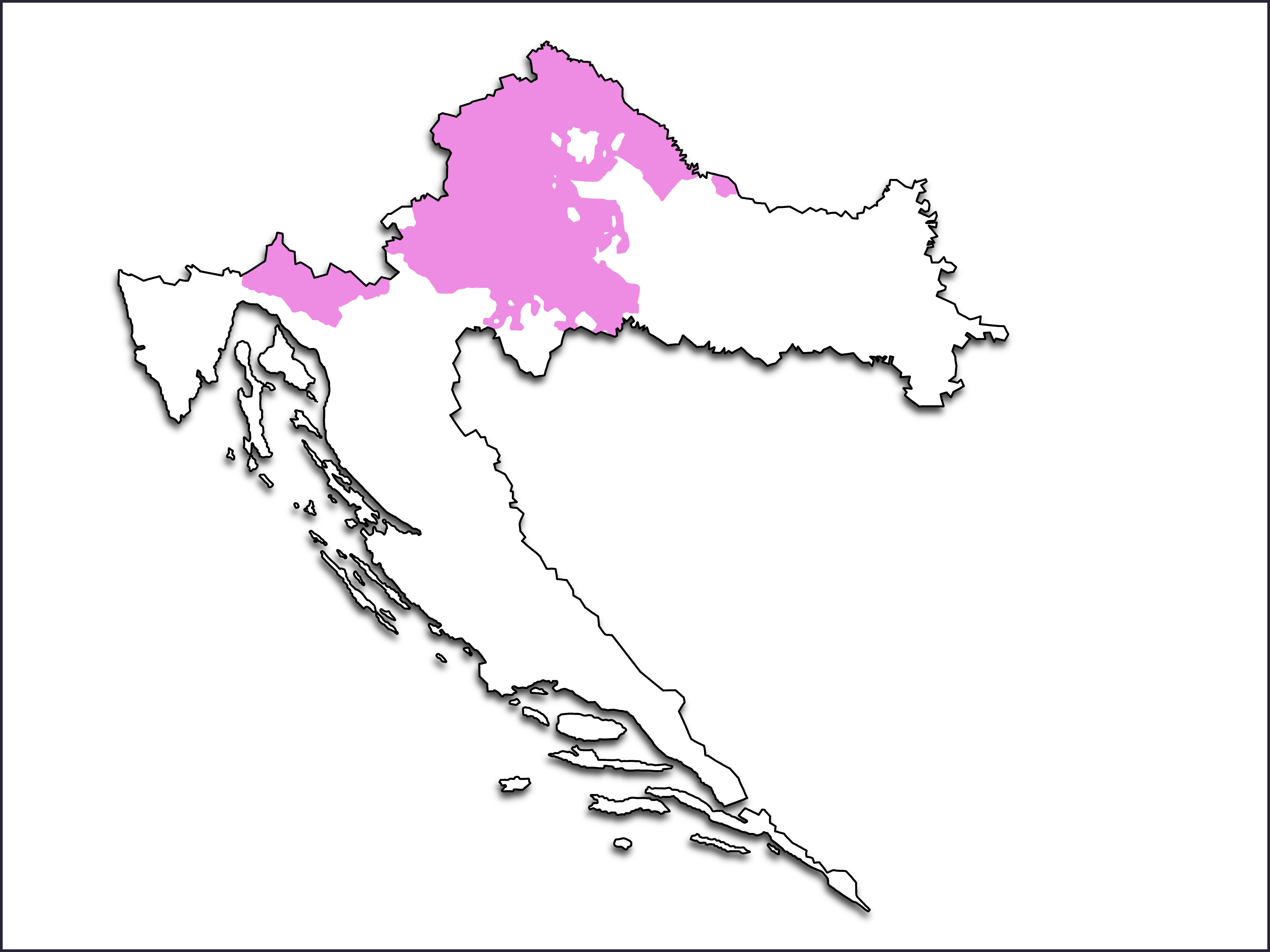 Karta Hrvatske na kojoj su ljubičastom bojom označena područja s kajkavskim narječjem: sjeverozapadna Hrvatska, zapadna Podravina, Međimurje, Hrvatsko zagorje, Prigorje, Posavina, Turopolje, Pokuplje, Gorski kotar i dio sjeverne Istre.