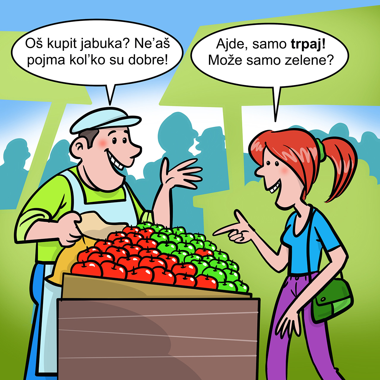 Prodavač na tržnici nudi jabuke djevojci koja odlučuje kupiti samo zelene.