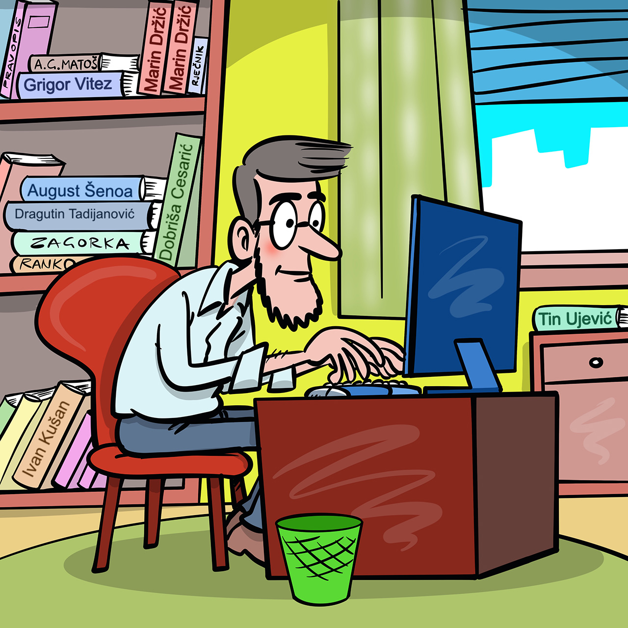 Pisac sjedi za stolnim računalom u radnoj sobi prepunoj knjiga i piše novo djelo.