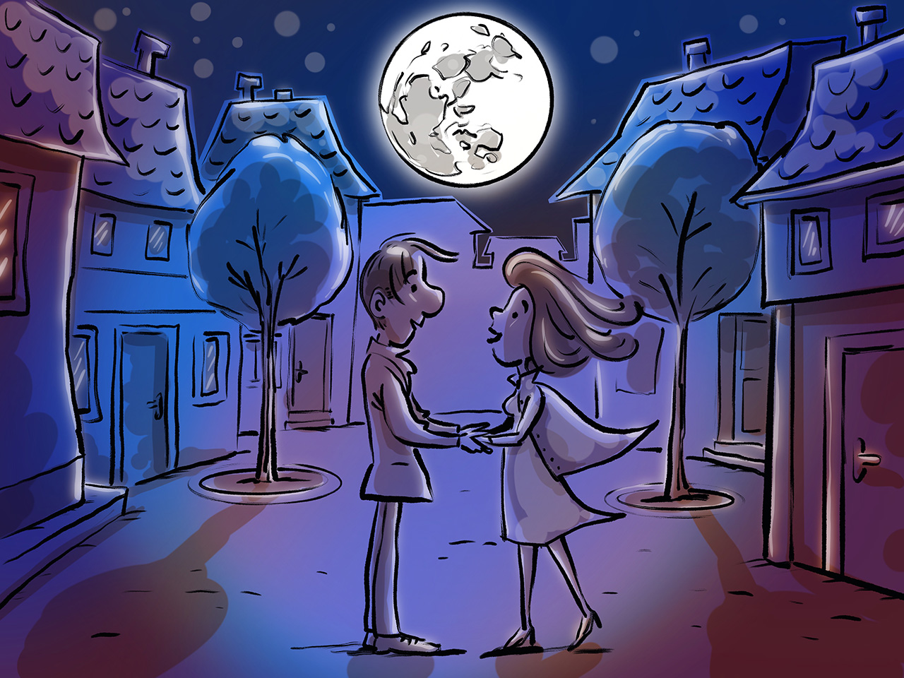 Ana i Bertran stoje na ulici i drže se za ruke, a s noćnog ih neba promatra Mjesec. 
