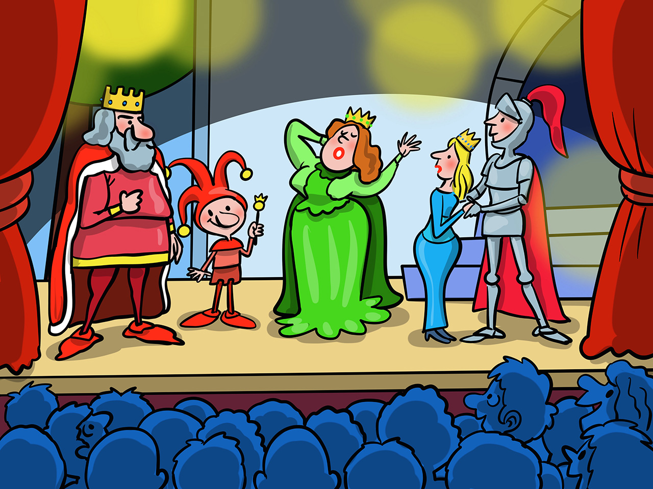 Na pozornici su glumci koji glume kralja, kraljicu, viteza, princezu i dvorsku ludu, a puno gledalište promatra predstavu.