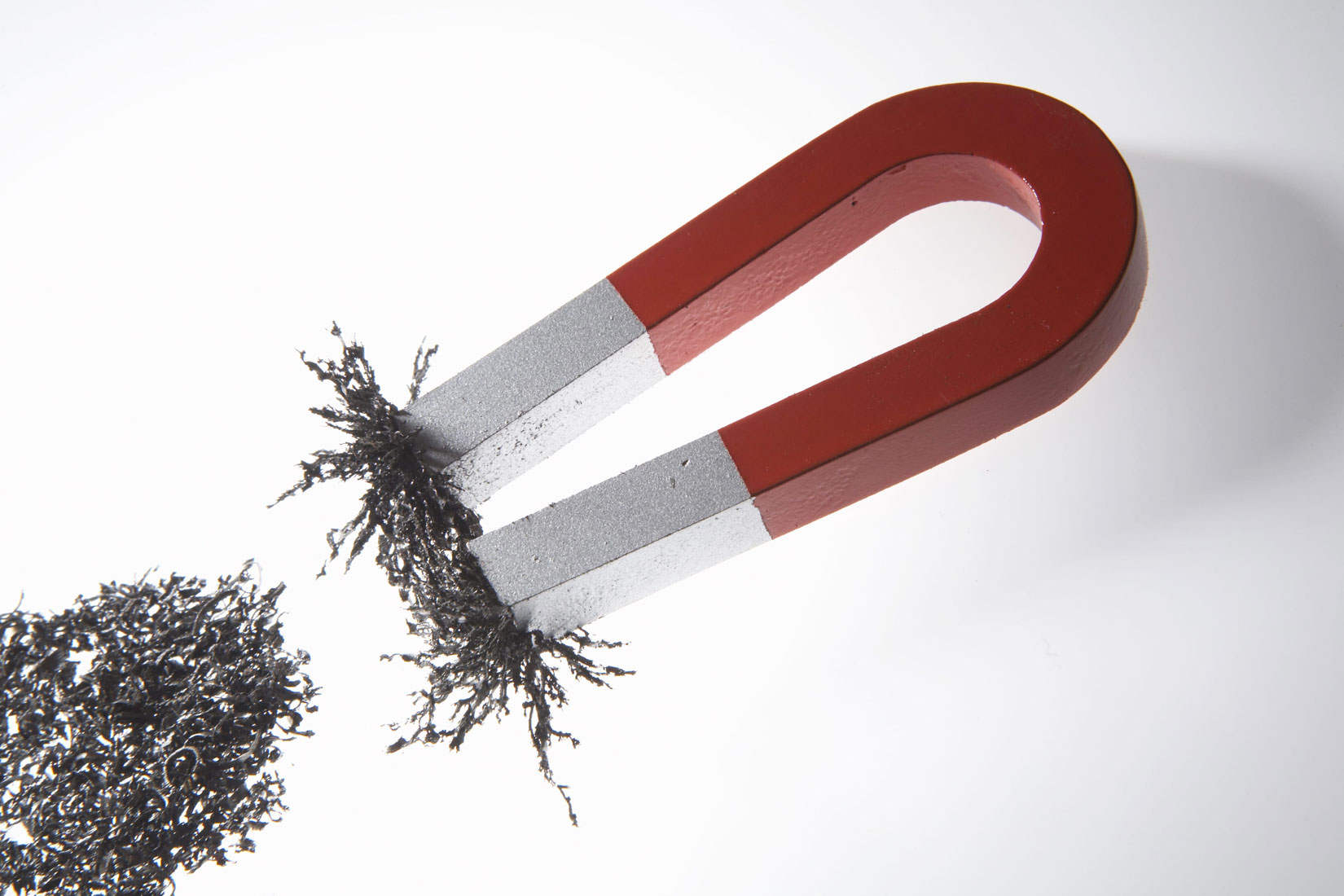 Fotografija prikazuje magnet oblika potkove koji privlači željeznu piljevinu.