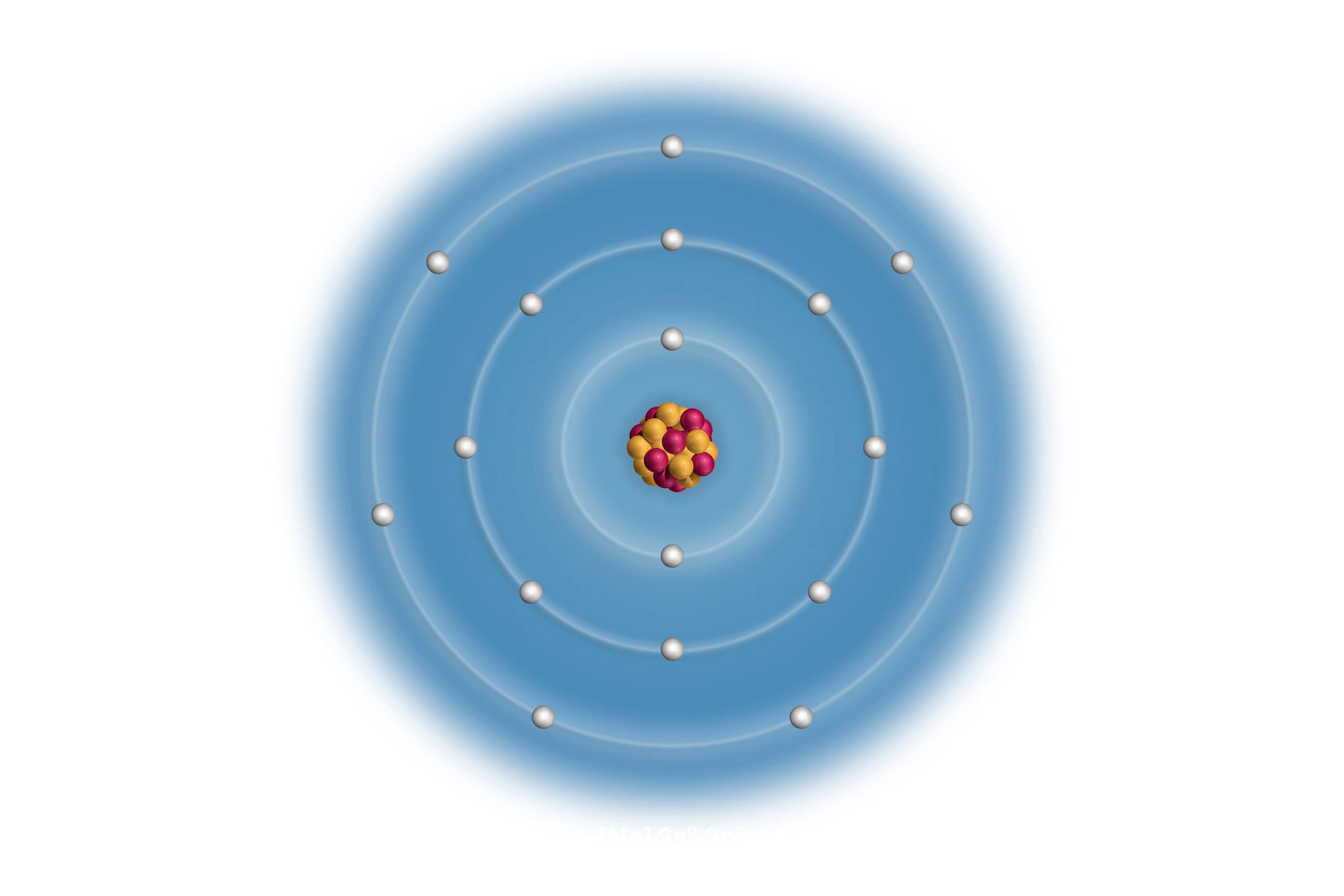 Klor, shematski prikaz građe atoma; U sredini je prikazana jezgra (žute i crvene kuglice), elektroni se kreću po koncentričnim krugovima. Pozadina je plave boje.