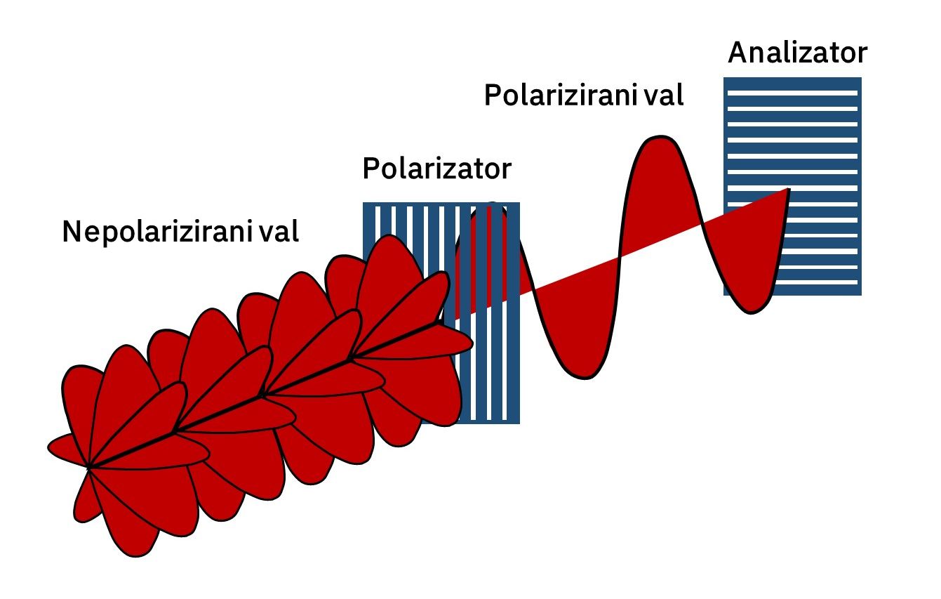 Prikazan je ukršteni polarizator i analizator. Prikazani su paralelni polarizator i analizator kao uspravne plave linije unutar uspravnog pravokutnika. Prikazan je polarizirani val (crvenom bojom).