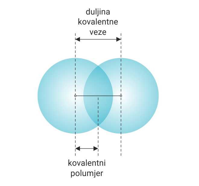 Kovalentni polumjer atoma i duljina kovalentne veze prikazan pomoću dvije kružnice plave boje